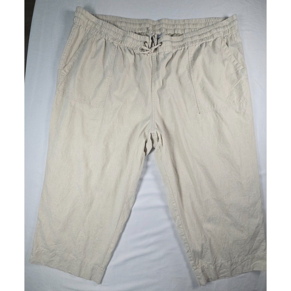 Catherines Womens 3X 26/28W Linen Blend Crop Pants Beige Pull On‎ Elastic Waist